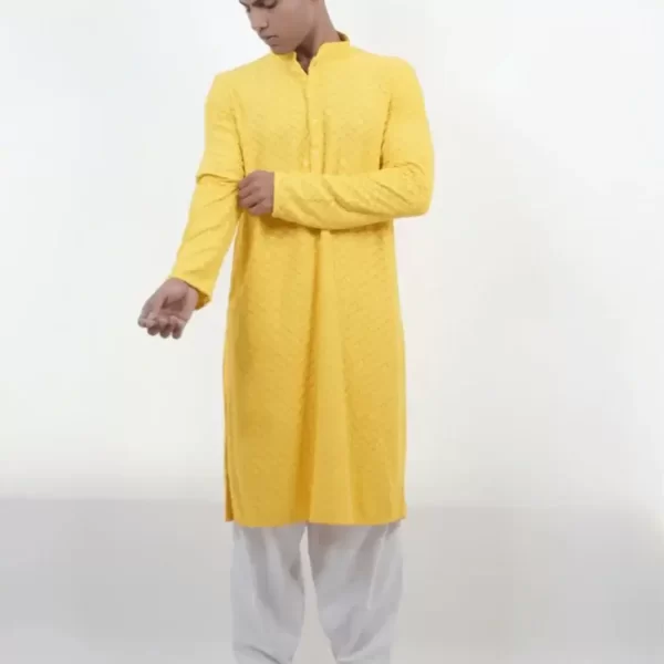 Yellow Stone Kurta With White Pyjama