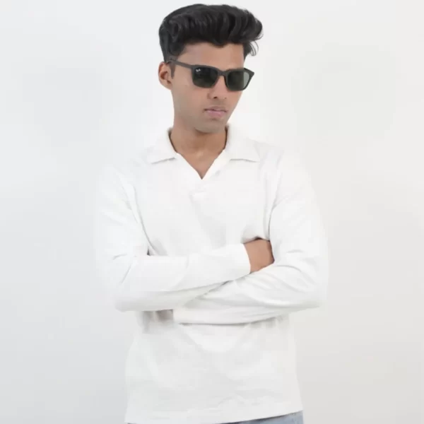 Basic Collar White Full Sleeves T-Shirt